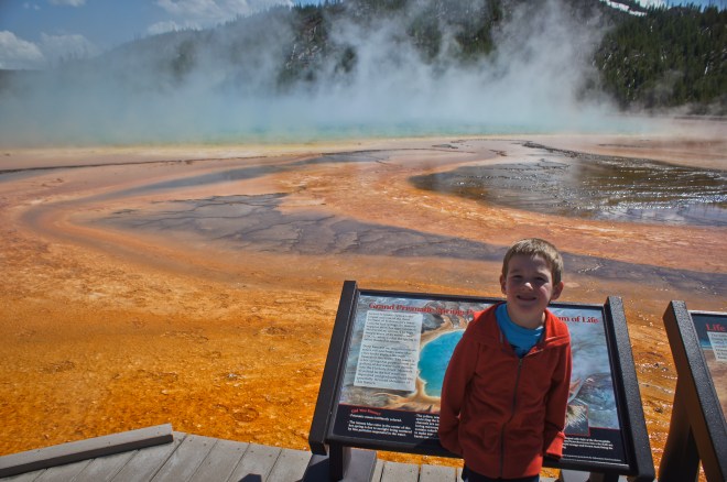 Grand Prismatic Spring, the sign behind Leighton shows what it looks like from above...