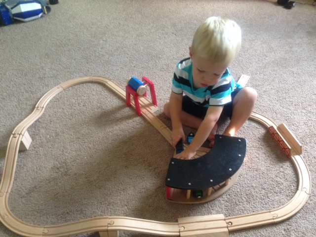 Caedmon set his train up in the classroom 