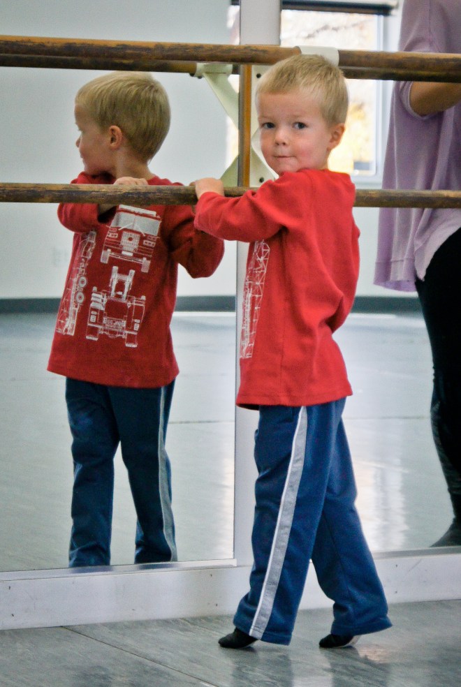 Ballet class with fire truck shirt on